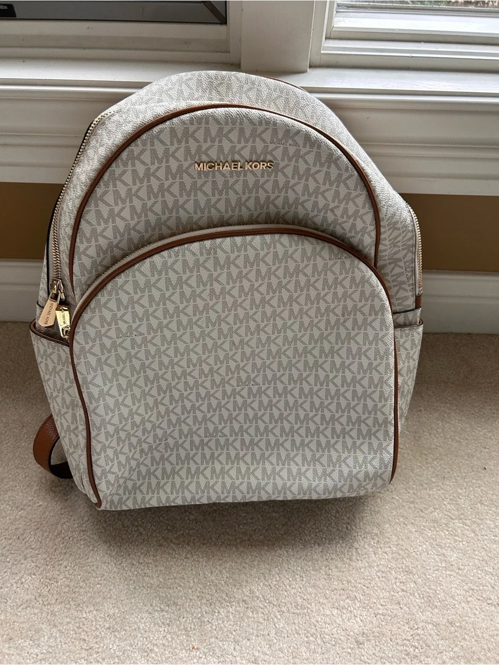 Michael Kors Cream and Brown MK Logo Backpack